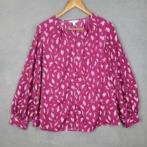 Nine West Shirt Women's L Petite Pink Printed Pleated Long Sleeve Button Front‎